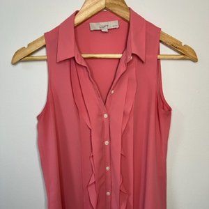 Loft, Pink Sleeveless Ruffle Blouse, Petite Size XS